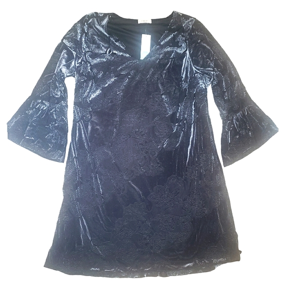 Gilli Sazan Black Floral Velvet Colorshift Sparkles Flare Sleeves Dress 1X NWT - Picture 14 of 17